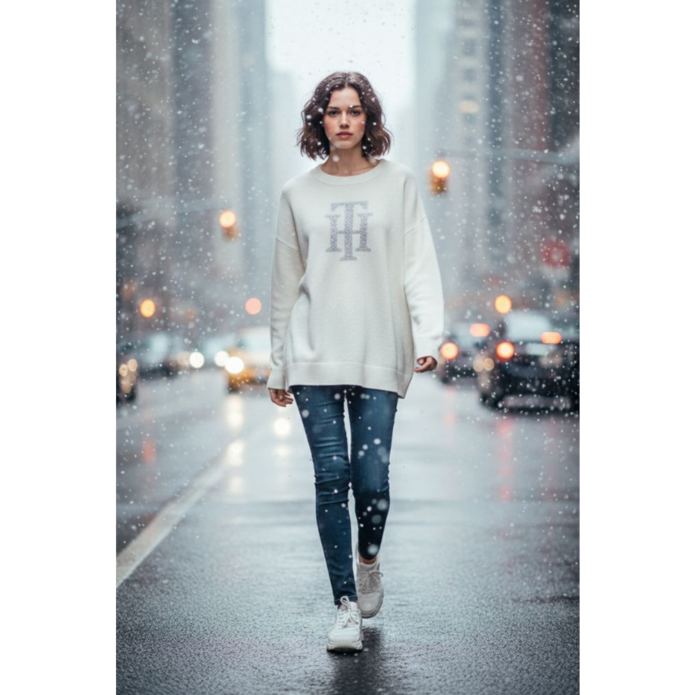 Women's Tommy Hilfiger White & Silver Logo Crew Neck Knit Sweater XL NWOT